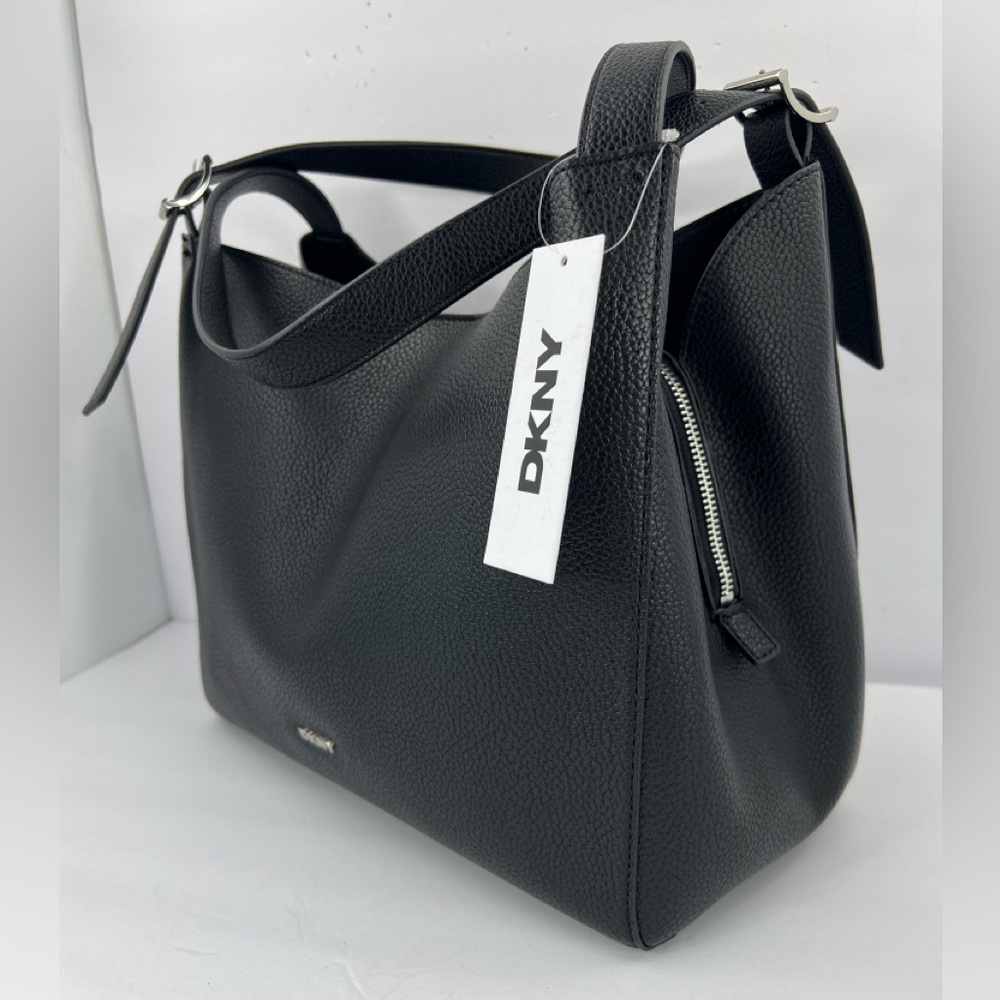 DKNY MILLER TRIPLE COMPARTMENT TOTE BAG/PURSE, BLACK FAUX IMPRINTED LEATHER - Picture 3 of 15